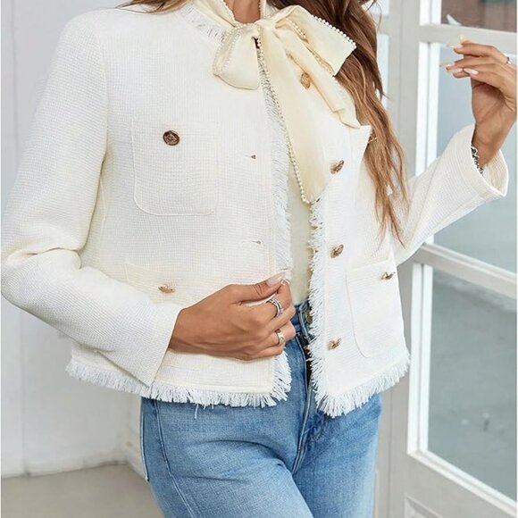 Apricot Elegant Women's Tweed Metal Button Pocket Jacket - Picture 4 of 6